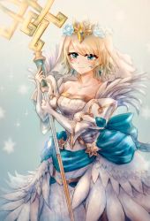 Rule 34 | 1girl, blonde hair, blue eyes, bride, closed mouth, crown, dress, earrings, feather trim, feh xeri, fire emblem, fire emblem heroes, fjorm (fire emblem), flower, hair flower, hair ornament, highres, holding, holding staff, jewelry, nintendo, short hair, simple background, solo, staff, strapless, strapless dress, veil, wedding dress, white dress