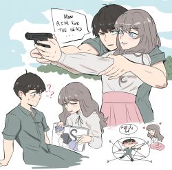 Rule 34 | 1boy, 1other, ?, ??, aiming, black eyes, black hair, blue eyes, blush, english text, fear &amp; hunger, fear &amp; hunger 2: termina, grey hair, gun, hand on another&#039;s arm, highres, holding, holding gun, holding weapon, levi (fear &amp; hunger), long hair, marina (fear &amp; hunger), mole, mole above mouth, mouth piercing, onac911, one eye closed, pink skirt, skirt, trap, weapon