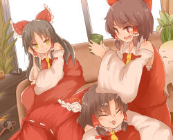 Rule 34 | 3girls, :3, benikurage (cookie), black hair, blush, bow, brown hair, closed eyes, closed mouth, commentary request, cookie (touhou), couch, cup, detached sleeves, dress, feet out of frame, frilled bow, frilled hair tubes, frills, hair bow, hair tubes, hakurei reimu, highres, holding, holding cup, long hair, looking at another, microphone, multiple girls, necktie, open mouth, red bow, red dress, red eyes, red shirt, red skirt, reu (cookie), reu daikon, sananana (cookie), shirt, short hair, skirt, sleeveless, sleeveless dress, sleeveless shirt, smile, split mouth, touhou, white sleeves, yellow eyes, yellow necktie, yin yang, yumekamaborosh, yunomi