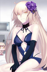 Rule 34 | ahoge, bare shoulders, besmiled, blonde hair, breasts, character request, choker, cleavage, elbow gloves, fate/grand order, fate (series), flower, gloves, hair between eyes, hair flower, hair ornament, jeanne d&#039;arc (fate), jeanne d&#039;arc (ruler) (fate), jeanne d&#039;arc alter (avenger) (fate), jeanne d&#039;arc alter (fate), knees to chest, lace, lace choker, lingerie, long hair, medium breasts, official alternate costume, sitting, skindentation, smile, thighs, underwear, wariza, yellow eyes
