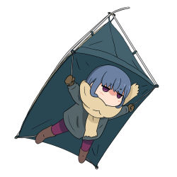 Rule 34 | 1girl, beige scarf, blush, boots, brown footwear, brown gloves, chibi, coat, commentary request, denden, gloves, green coat, jitome, no mouth, pantyhose, pink pantyhose, purple eyes, scarf, shima rin, simple background, solo, tent, v-shaped eyebrows, white background, yurucamp