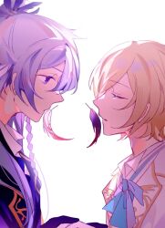 Rule 34 | 2boys, black feathers, blonde hair, braid, closed eyes, ensemble stars!, facing another, feathers, hibiki wataru, highres, holding hands, idol clothes, long hair, looking at viewer, male focus, multiple boys, parted lips, purple eyes, purple hair, short hair, teeth, tenshouin eichi, white background, white feathers, yaoi, yuguo iwi