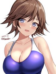 Rule 34 | 1girl, blue one-piece swimsuit, breasts, brown hair, collarbone, competition swimsuit, dated, flipped hair, hiei (kancolle), highres, kantai collection, large breasts, long hair, looking at viewer, montemasa, one-piece swimsuit, open mouth, purple eyes, short hair, simple background, smile, solo, swimsuit, twitter username, upper body, white background