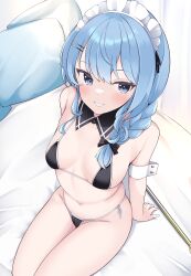 Rule 34 | 1girl, arm cuffs, bikini, blue eyes, blue hair, blush, braid, braided ponytail, breasts, cocozasa, commentary request, detached collar, from above, grin, groin, hair ornament, hairclip, highres, hololive, hoshimachi suisei, maid headdress, micro bikini, navel, side-tie bikini bottom, side ponytail, sitting, small breasts, smile, solo, star (symbol), star in eye, stomach, swimsuit, symbol in eye, thighs, virtual youtuber