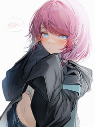 Rule 34 | 1girl, absurdres, arknights, blue eyes, blue poison (arknights), highres, long sleeves, looking at viewer, navel, pink hair, short hair, simple background, sleeves past fingers, sleeves past wrists, solo, tab head, white background