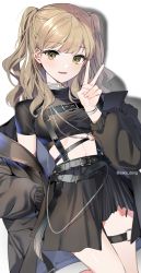 Rule 34 | 1girl, banned artist, black jacket, black shirt, black skirt, blonde hair, breasts, crop top, hand in pocket, hand up, highres, jacket, large breasts, long hair, long sleeves, looking at viewer, midriff, nijisanji, off shoulder, open clothes, open jacket, parted lips, puffy long sleeves, puffy sleeves, sake dong, shirt, short sleeves, sister claire, skirt, solo, thigh strap, two side up, v, virtual youtuber, yellow eyes
