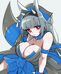 Rule 34 | 1girl, armband, bare shoulders, black hairband, blue collar, blunt bangs, breasts, cleavage, closed mouth, collar, collarbone, creatures (company), eyelashes, frown, game freak, gen 4 pokemon, grey hair, hair intakes, hairband, highres, horns, large breasts, long hair, momoshiro, nintendo, personification, pokemon, pokemon tail, rampardos, red eyes, simple background, solo, spiked collar, spikes, tail, tassel, white background