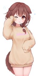 Rule 34 | 1girl, absurdres, animal ears, beige shirt, blush, brown eyes, brown hair, brown tail, commentary request, cross-laced clothes, dog ears, dog girl, dog tail, hair ornament, hair over shoulder, highres, hololive, inugami korone, kohe billialot, long hair, mouth hold, one eye closed, oversized clothes, pom pom (clothes), pom pom hair ornament, simple background, solo, sweater, tail, virtual youtuber, white background