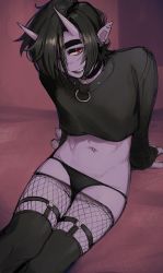 Rule 34 | 1boy, abs, arm support, black hair, clothes pull, collar, colored skin, fishnets, from above, goth fashion, gothic, highres, ittla, looking up, makeup, navel, oni, original, panties, pantyhose, pantyhose pull, pointy ears, purple skin, red eyes, ren (ittla), short hair, sitting, smile, solo, thick eyebrows, thighhighs, trap, underwear