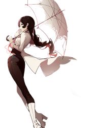 Rule 34 | 1girl, ask (askzy), ass, black eyes, black hair, black pants, boots, breasts, high heel boots, high heels, jacket, long hair, long sleeves, monochrome, neo politan, pants, parasol, parted lips, rwby, simple background, sketch, small breasts, solo, transparent, transparent umbrella, umbrella, white background, white footwear, white heels, wind