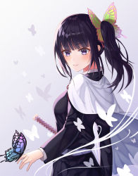 Rule 34 | 1girl, black hair, black jacket, blunt bangs, blush, bug, butterfly, butterfly hair ornament, butterfly on hand, capelet, closed mouth, fhxha0927, from side, hair ornament, highres, insect, jacket, katana, kimetsu no yaiba, long hair, long sleeves, purple eyes, sheath, sheathed, side ponytail, smile, solo, standing, sword, tsuyuri kanao, weapon, white background, white capelet