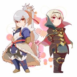 Rule 34 | 2boys, armor, bad id, bad twitter id, blonde hair, chibi, fire emblem, fire emblem fates, floral background, highres, japanese clothes, leo (fire emblem), looking at viewer, male focus, multiple boys, nintendo, ponytail, red eyes, takumi (fire emblem), white hair