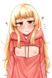 Rule 34 | 1girl, :t, ?, absurdres, blonde hair, blush, closed mouth, commentary request, drawstring, flat chest, flying sweatdrops, highres, hood, hood down, hoodie, long hair, looking at viewer, makano mucchi, nipples, original, pink hoodie, red eyes, short eyebrows, simple background, solo, sweat, thick eyebrows, upper body, very long hair, wavy mouth, white background