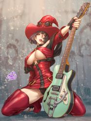 Rule 34 | 1girl, arm support, bare shoulders, bob cut, boots, breasts, choker, electric guitar, fujii eishun, guilty gear, guitar, hat, heterochromia, highres, i-no, instrument, kneeling, large breasts, lips, makeup, mole, mole above mouth, mole under eye, nail polish, o-ring, o-ring top, red lips, red nails, rock, short hair, sideboob, signature, spread legs, thigh boots, thighs, tiptoes, underboob, witch, witch hat