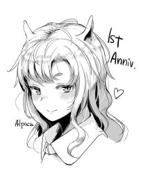Rule 34 | 1girl, alpaca ears, animal ears, anniversary, blush, character request, closed mouth, collared shirt, commentary request, copyright request, greyscale, heart, long hair, looking at viewer, monochrome, portrait, satsuki neko, shirt, simple background, smile, solo, white background, wing collar