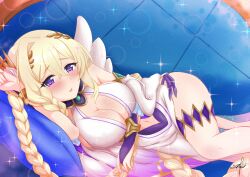 Rule 34 | 1girl, absurdres, ass, bare shoulders, blonde hair, blush, breasts, ciaren, cleavage, flower, hair flower, hair ornament, highres, large breasts, long hair, looking at viewer, lyrael (princess connect!), navel, open mouth, princess connect!, purple eyes, solo, thighs