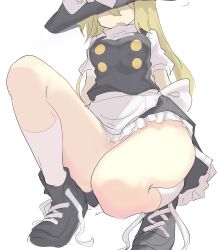 Rule 34 | 1girl, absurdres, alternate footwear, apron, black footwear, black hat, black shirt, black vest, blonde hair, bow, breasts, close-up, commentary request, faceless, full body, hat, hat bow, highres, kirisame marisa, long hair, looking down, medium breasts, open mouth, shirt, shoelaces, shoes, short sleeves, simple background, skirt, socks, solo, squatting, thick thighs, thighs, touhou, turtleneck, turtleneck shirt, vest, waist apron, white apron, white background, white bow, white socks, witch hat, youmu-kun