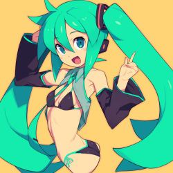 Rule 34 | 1girl, :d, ass, bikini, black bikini, black sleeves, breasts, detached sleeves, green eyes, green hair, hair between eyes, hatsune miku, long hair, looking at viewer, metata, open mouth, side-tie bikini bottom, simple background, small breasts, smile, solo, swimsuit, twintails, vocaloid, yellow background