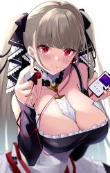 Rule 34 | 1girl, azur lane, bare shoulders, black dress, black nails, breasts, cellphone, cleavage, digital media player, dress, earphones, earrings, formidable (azur lane), frilled dress, frills, gothic lolita, hair ribbon, highres, holding, holding earphones, holding phone, jewelry, large breasts, lolita fashion, long hair, looking at viewer, nail polish, neckwear between breasts, phone, platinum blonde hair, red eyes, ribbon, simple background, single earphone removed, smartphone, solo, twintails, two-tone dress, two-tone ribbon, very long hair, wee (weeyy), white background, white neckwear