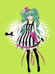 Rule 34 | 1girl, :d, aqua eyes, bad id, bad pixiv id, bow, dress, earrings, fingerless gloves, gloves, green hair, hara paix, hat, hatsune miku, jewelry, long hair, microphone, mini hat, mini top hat, open mouth, simple background, smile, solo, striped clothes, striped dress, thighhighs, top hat, twintails, very long hair, vocaloid, zettai ryouiki