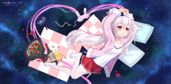 Rule 34 | 1girl, animal ears, arms up, artist name, azur lane, blush, bottle, bouquet, breasts, chestnut mouth, chinese commentary, cleavage, collarbone, commentary request, crossed bangs, dated, fake animal ears, feet, flower, grey hair, hair between eyes, highres, jacket, jewelry, laffey (azur lane), long hair, manjuu (azur lane), necklace, pearl necklace, pillow, pink jacket, pleated skirt, rabbit ears, red flower, red rose, red skirt, ring, rose, shirt, skirt, sleep mask, small breasts, solo, space, star (sky), thighhighs, toes, twintails, very long hair, wedding ring, white shirt, white thighhighs, wine bottle, xiao shi lullaby, zettai ryouiki