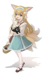 Rule 34 | 1girl, :d, animal, animal ears, ankle cuffs, arknights, basket, black cat, black footwear, blonde hair, blue hairband, blue skirt, cat, flower, fox ears, fox girl, fox tail, frilled hairband, frills, full body, green eyes, hair down, hair flower, hair ornament, hairband, highres, holding, holding animal, holding basket, holding cat, kitsune, long hair, long sleeves, looking at viewer, luo xiaohei, multicolored hair, multiple tails, neck ribbon, official alternate costume, open mouth, pantyhose, red ribbon, ribbon, shadow, shoes, simple background, skirt, smile, solo, standing, streaked hair, suzuran (arknights), suzuran (spring praise) (arknights), tail, teeth, luo xiaohei zhanji, triangle mouth, upper teeth only, white background, white flower, white hair, white pantyhose, yaoyaojiadeluren
