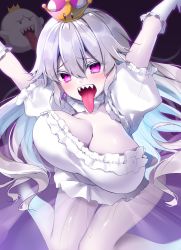 Rule 34 | 1girl, absurdres, arms up, bad id, bad pixiv id, boo (mario), breasts, cleavage, dress, earrings, elbow gloves, fangs, gloves, highres, jewelry, king boo, large breasts, long hair, looking at viewer, luigi&#039;s mansion, mario (series), navy (navy.blue), new super mario bros. u deluxe, nintendo, pale skin, personification, princess king boo, purple eyes, silver hair, super crown, tongue, tongue out, white dress, white gloves