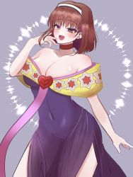Rule 34 | 1girl, bow, breasts, brown eyes, brown hair, cleavage, covered navel, dress, hair bow, highres, kanzaki sumire, large breasts, legs, looking at viewer, open mouth, sakura taisen, sega, short hair, sleeveless, smile, solo, thighs