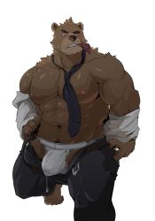 Rule 34 | 1boy, abs, absurdres, animal ears, bara, bare pectorals, bear boy, bear ears, blush, brown fur, bulge, clothes pull, come hither, condom, condom in mouth, condom wrapper, cum, cum in clothes, cum through clothes, foot out of frame, furry, furry male, highres, jockstrap, large pectorals, looking at viewer, male focus, male pubic hair, male underwear, mature male, mouth hold, muscular, muscular male, navel, navel hair, necktie, nipples, off shoulder, open clothes, open pants, open shirt, original, pants, pants pull, pectorals, presenting, pubic hair, salaryman, short hair, solo, stomach, underwear, undressing, warr (youdil1004), white male underwear
