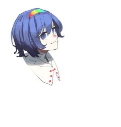 Rule 34 | 1girl, blue eyes, blue hair, closed mouth, dauchimk 1, hairband, looking at viewer, multicolored hairband, portrait, simple background, solo, tenkyuu chimata, touhou, white background