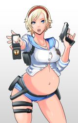 Rule 34 | 1girl, badge, belt, blonde hair, blue eyes, blue sailor collar, blush, breasts, butcha-u, capcom, eroquis, female focus, gradient background, grey background, gun, hairband, headband, holding, holding weapon, holster, legband, legs, midriff, navel, open mouth, parkdale, pregnant, resident evil, resident evil 2, resident evil 6, sailor collar, sherry birkin, shirt, short hair, short shorts, shorts, solo, standing, sweat, sweatdrop, third-party edit, weapon, white background