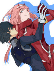 Rule 34 | 10s, 1boy, 1girl, absurdres, black hair, bodysuit, darling in the franxx, green eyes, hairband, highres, hiro (darling in the franxx), holding hands, horns, long hair, looking at another, pilot suit, pink hair, red bodysuit, short hair, simple background, smile, touwaki14, white background, white hairband, zero two (darling in the franxx)