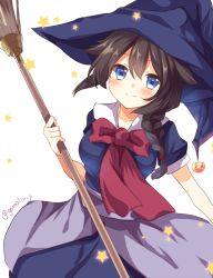 Rule 34 | 10s, 1girl, blue eyes, braid, broom, emilion, hair over shoulder, hat, heart, kantai collection, long hair, shigure (kancolle), single braid, smile, solo, witch, witch hat