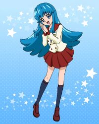 Rule 34 | 1girl, blue eyes, blue hair, blue socks, full body, happinesscharge precure!, highres, loafers, long hair, long sleeves, official art, open mouth, pikarigaoka middle school uniform, pleated skirt, precure, precure connection puzzlun, red sailor collar, red skirt, sailor collar, school uniform, shirayuki hime, shoes, sidelocks, skirt, smile, socks, solo, third-party source