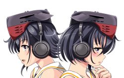 Rule 34 | 10s, 2girls, asymmetrical hair, back-to-back, black hair, brown eyes, hair between eyes, hand on own chin, hat, headphones, i-13 (kancolle), i-14 (kancolle), kantai collection, multiple girls, open mouth, sailor collar, short hair, sisters, tk8d32, tongue, transparent background, upper body, white background