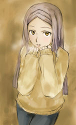 Rule 34 | 00s, 1girl, black pants, breath, brown background, brown eyes, cowboy shot, female focus, fura, gradient background, grey hair, gundam, gundam 00, hands on own chest, long hair, long sleeves, looking at viewer, pants, parted bangs, parted lips, purple hair, simple background, sleeves past wrists, solo, soma peries, standing, straight hair, sweater, very long hair, yellow sweater