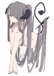Rule 34 | 1girl, absurdly long hair, black nails, black wings, breasts, brown eyes, cleavage, closed mouth, commentary request, demon girl, demon horns, demon tail, demon wings, detached wings, eyes visible through hair, fingernails, full body, grey hair, hair flowing over, hair over eyes, highres, horns, hugging own legs, long hair, medium breasts, nail polish, nude, original, paryi, simple background, solo, tail, toenail polish, toenails, twintails, very long hair, white background, wings