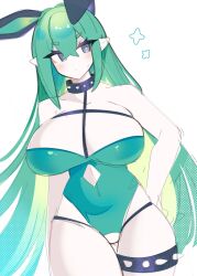 Rule 34 | 1girl, animal ears, bare hips, bare shoulders, blush, breasts, cleavage, clothing cutout, collar, elf, embarrassed, emerald (togetoge), fake animal ears, green hair, grey eyes, heart, heart-shaped pupils, highres, huge breasts, leotard, long hair, looking to the side, multicolored hair, navel cutout, ochacolle, original, playboy bunny, pointy ears, rabbit ears, spiked collar, spiked thighlet, spikes, symbol-shaped pupils, thick thighs, thighs, two-tone hair, very long hair, wide hips