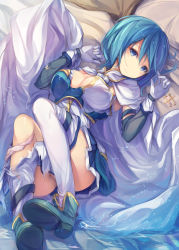 Rule 34 | 10s, 1girl, blue eyes, blue hair, breasts, cape, cleavage, fal maro, gloves, highres, large breasts, magical girl, mahou shoujo madoka magica, mahou shoujo madoka magica (anime), matching hair/eyes, miki sayaka, no nose, no panties, panties, panties around leg, partially visible vulva, pink panties, short hair, solo, thighhighs, torn clothes, underwear, white gloves, white thighhighs