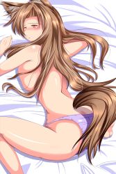 Rule 34 | 1girl, absurdres, animal ears, ass, barefoot, bed, blush, breast press, breasts, brown hair, highres, hiro (amoto), imaizumi kagerou, large breasts, long hair, looking at viewer, looking back, panties, panties only, red eyes, solo, tail, tears, topless, touhou, underwear, underwear only, wolf ears, wolf tail