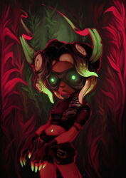 Rule 34 | 1girl, black shirt, black shorts, commentary, cowboy shot, dark-skinned female, dark skin, floating hair, glowing, glowing eyes, goggles, gradient hair, green eyes, highres, kelp, looking at viewer, marina (splatoon), midriff, mole, mole under mouth, multicolored hair, navel, nintendo, octoling, open mouth, shirt, short sleeves, shorts, solo, splatoon (series), splatoon 2, sprouteeh, suction cups, tentacle hair