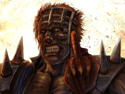 Rule 34 | 1boy, angry, bccp, deformed, evil, hokuto no ken, jagi, male focus, middle finger, solo, spikes, teeth, what, wrinkled skin