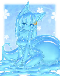 Rule 34 | 1girl, animal ear fluff, animal ears, blue eyes, blue hair, blue sclera, blue skin, blue theme, blush, border, breasts, colored sclera, colored skin, completely nude, curss, fox ears, fox tail, hair between eyes, hair ornament, highres, kneeling, large breasts, large tail, long hair, looking at viewer, monster girl, no nipples, nude, original, parted lips, slime girl, solo, tail, white border