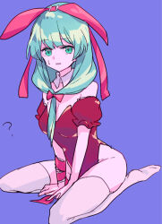Rule 34 | 1girl, ?, animal ears, bare shoulders, bow, fake animal ears, front ponytail, full body, green eyes, green hair, kagiyama hina, kneeling, leotard, looking at viewer, no shoes, parmesan (168n), playboy bunny, puffy short sleeves, puffy sleeves, purple background, red bow, short sleeves, solo, thighhighs, touhou, white thighhighs