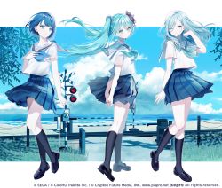 Rule 34 | 1girl, arms behind back, beach, black footwear, blue eyes, blue hair, blue neckerchief, blue skirt, closed mouth, commentary request, copyright notice, hair between eyes, hand up, hatsune miku, horizon, loafers, long hair, looking at viewer, looking away, looking to the side, midriff peek, misumi (macaroni), more more jump! (project sekai), more more jump! miku, multiple views, neckerchief, ocean, parted lips, pleated skirt, project sekai, railroad crossing, railroad tracks, sailor collar, sand, school uniform, serafuku, shirt, shoes, short hair, short sleeves, skirt, smile, socks, twintails, very long hair, water, white sailor collar, white shirt