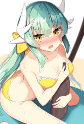 Rule 34 | 1girl, absurdres, alcohol, beach, blush, bow, breasts, cleavage, collarbone, dragon horns, drunk, fate/grand order, fate (series), full-face blush, green hair, hair between eyes, hair bow, hair ornament, hair ribbon, highres, horns, kiyohime (fate), kiyohime (fate/grand order), kiyohime (swimsuit lancer) (fate), kiyohime (swimsuit lancer) (first ascension) (fate), long hair, looking at viewer, medium breasts, nose blush, open mouth, ribbon, ryu narb, sake, sand, sitting, solo, sweatdrop, swimsuit, thighs, yellow bow, yellow eyes
