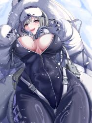 Rule 34 | 1girl, absurdres, black bodysuit, bodysuit, breasts, clothes writing, gluteal fold, goddess of victory: nikke, grey hair, hands up, headphones, headphones around neck, highres, hood, hood up, large breasts, long sleeves, looking at viewer, lying, mask, mask on head, mikkom, mole, mole on breast, mole under mouth, neve (nikke), no bra, on back, open bodysuit, open clothes, open mouth, partially unzipped, skin tight, sleep mask, sleeves past wrists, slit pupils, solo, thick eyebrows, thigh gap, unzipped, zipper pull tab