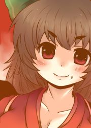 Rule 34 | 1girl, blush, bow, breasts, brown hair, cleavage, collarbone, eyebrows, female focus, food, food on face, hair bow, hikimayu, long hair, looking at viewer, portrait, red background, red eyes, reiuji utsuho, smile, solo, toto (hitori othello), touhou, upper body