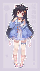 Rule 34 | 1girl, absurdres, animal ear fluff, animal ears, arm at side, bell, black hair, blue jacket, blush, border, braid, bridal garter, cat ears, child, closed mouth, collarbone, dress, eleven-sora, full body, gradient dress, highres, indie virtual youtuber, jacket, long hair, looking at viewer, neck bell, noumi fuurin, off shoulder, open clothes, open jacket, pink socks, pleated dress, pleated skirt, purple background, purple border, single braid, skirt, smile, socks, solo, standing, tachi-e, thighlet, translation request, virtual youtuber, white dress