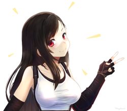 Rule 34 | 1girl, black gloves, black hair, breasts, collarbone, commentary, english commentary, final fantasy, final fantasy vii, final fantasy vii remake, fingerless gloves, gloves, large breasts, long hair, looking at viewer, red eyes, simple background, smile, solo, square enix, takuyarawr, tank top, taut clothes, tifa lockhart, upper body, v, white background, white tank top
